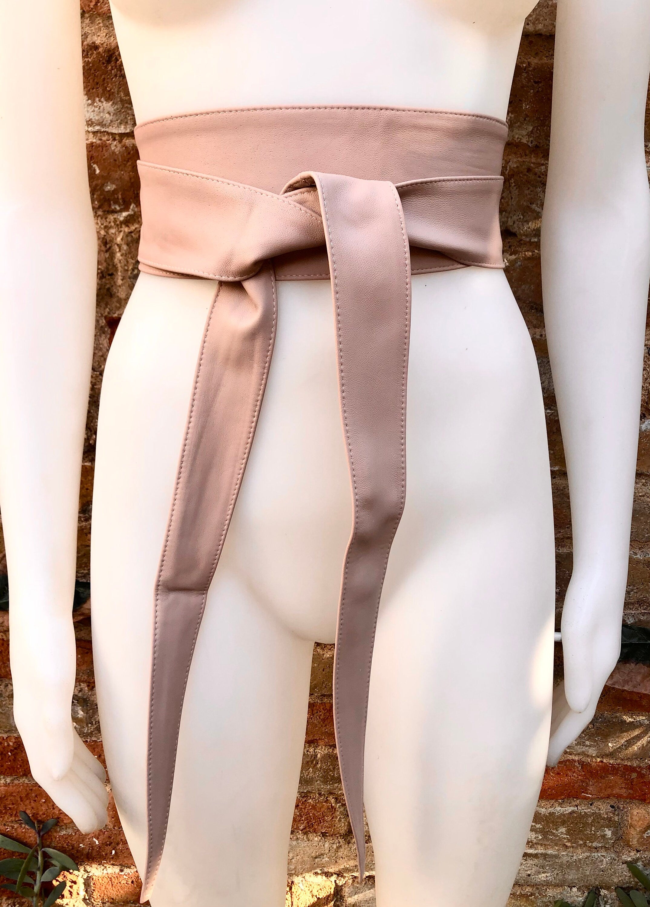 Dusty PINK wide obi belt. Soft genuine leather wrap belt. Wraparound waist belt. Wide style. Light pink dress / overall belt.