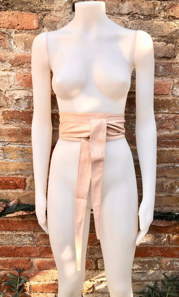 Light PINK obi belt. Soft genuine glitter leather wrap belt. Wraparound waist belt. Wide style. Soft pink dress belt in metallic leather.