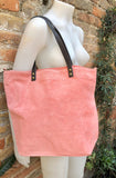 PINK Large TOTE leather bag. Soft suede, genuine leather bag. Pink suede bag. Laptop bag in suede. Large cross body bag. PINK suede purse