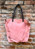 PINK Large TOTE leather bag. Soft suede, genuine leather bag. Pink suede bag. Laptop bag in suede. Large cross body bag. PINK suede purse