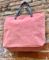 PINK Large TOTE leather bag. Soft suede, genuine leather bag. Pink suede bag. Laptop bag in suede. Large cross body bag. PINK suede purse