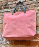 PINK Large TOTE leather bag. Soft suede, genuine leather bag. Pink suede bag. Laptop bag in suede. Large cross body bag. PINK suede purse