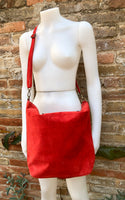 RED Large TOTE leather bag. Soft suede, genuine leather bag. Red suede bag. Laptop bag in suede. Large cross body bag. RED suede purse