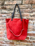 RED Large TOTE leather bag. Soft suede, genuine leather bag. Red suede bag. Laptop bag in suede. Large cross body bag. RED suede purse