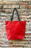 RED Large TOTE leather bag. Soft suede, genuine leather bag. Red suede bag. Laptop bag in suede. Large cross body bag. RED suede purse