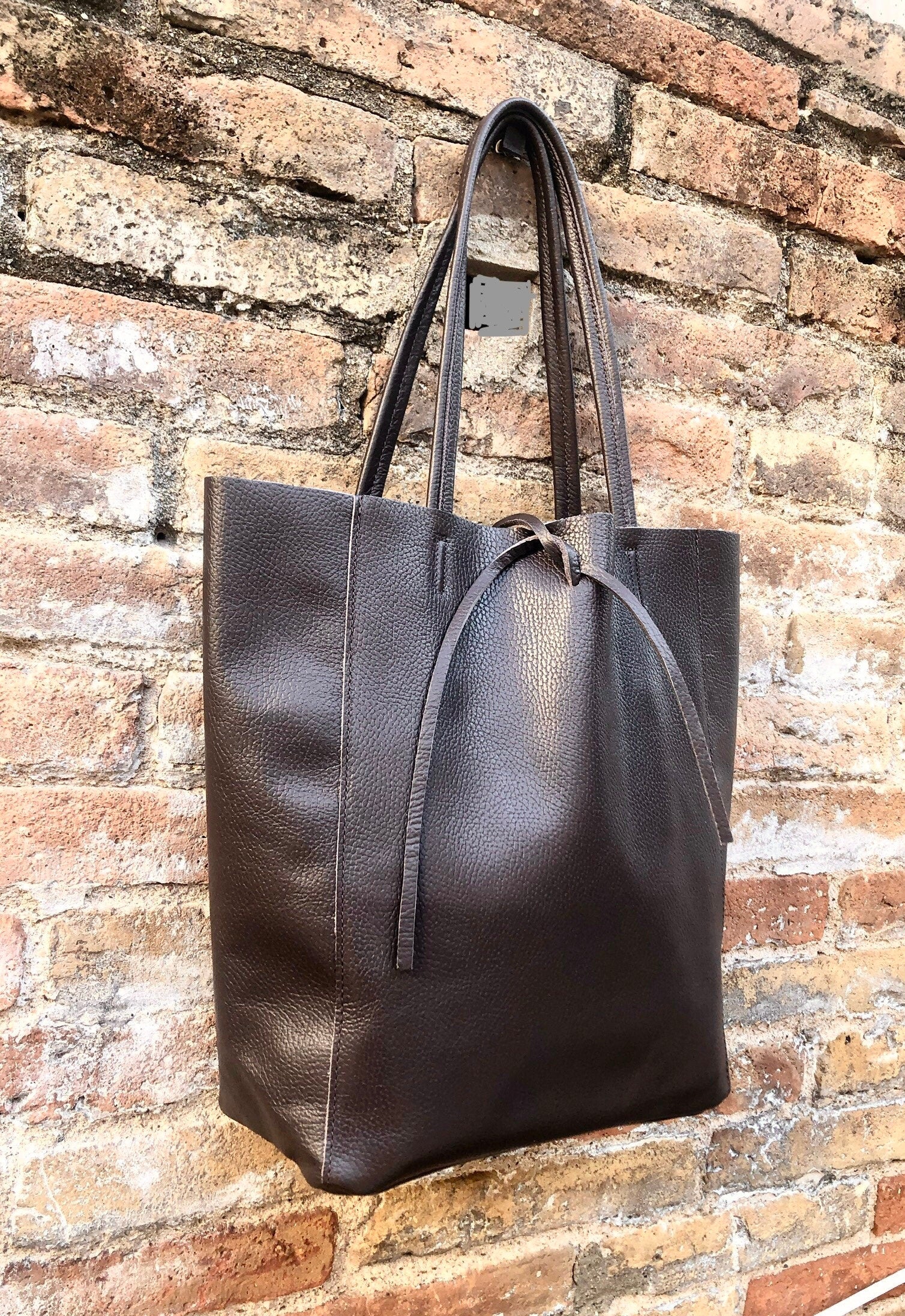 Tote leather bag in DARK brown. Leather shopper in chocolate brown. Soft natural GENUINE leather. Large brown bag for your laptop, books