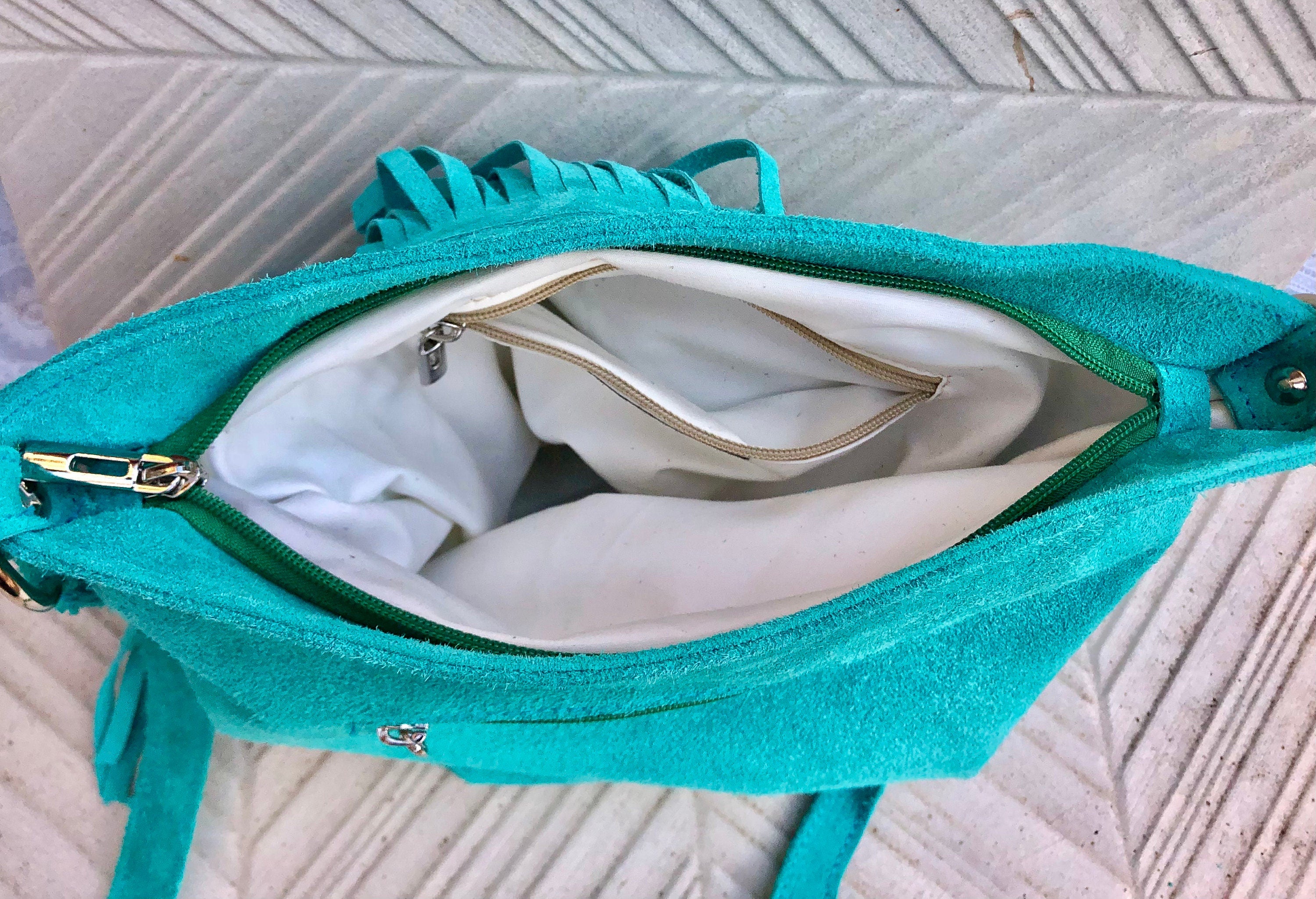 Cross body BOHO suede leather bag in light turquoise with FRINGES. Larger model. genuine suede crossbody hippy bag. Blue fringed bag