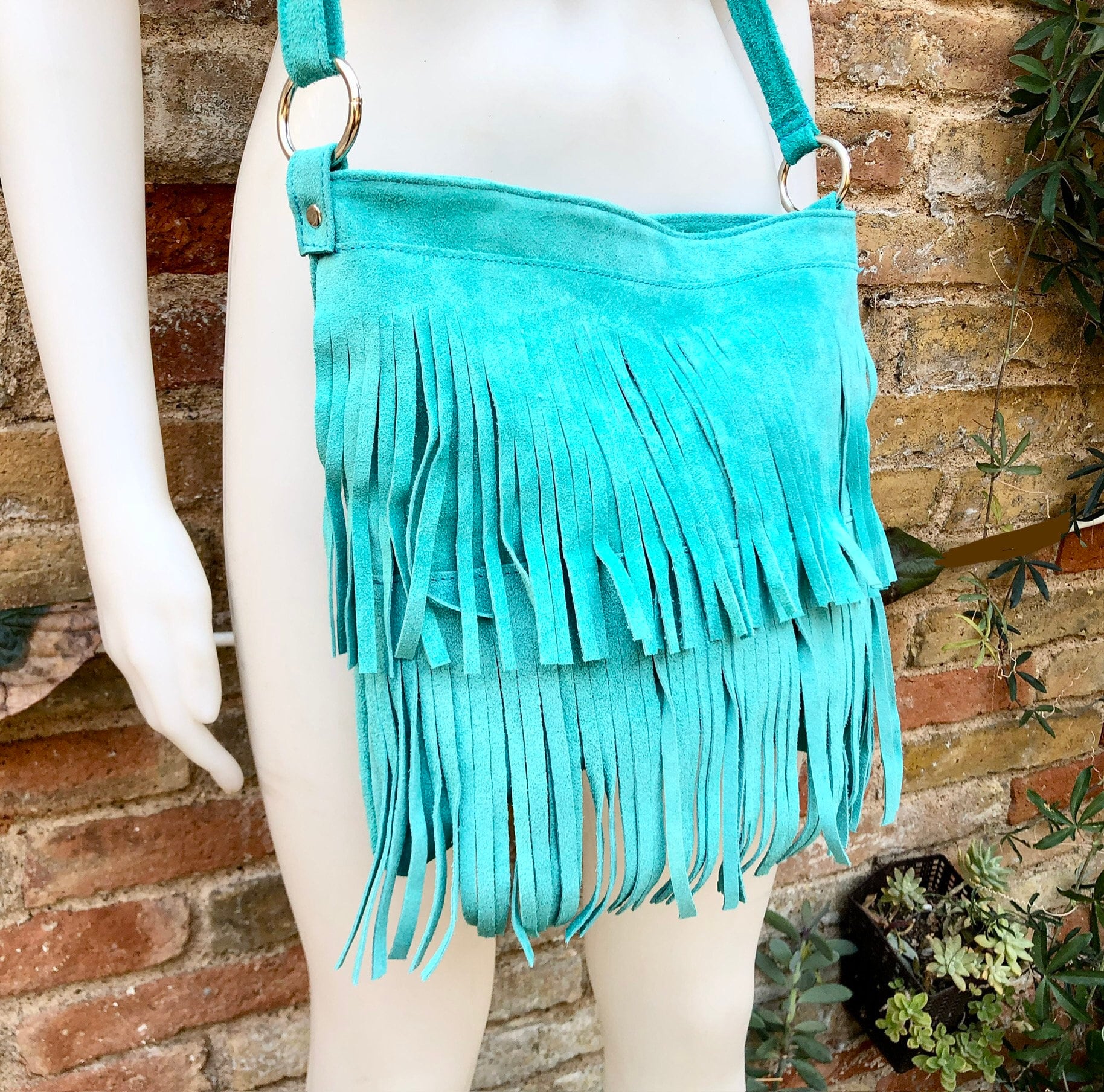 Cross body BOHO suede leather bag in light turquoise with FRINGES. Larger model. genuine suede crossbody hippy bag. Blue fringed bag