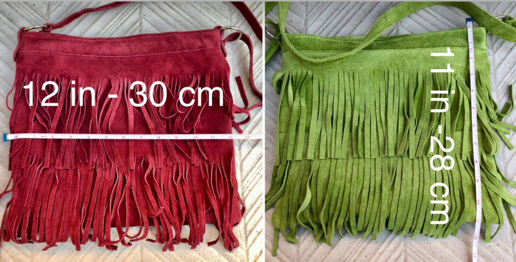 Cross body BOHO suede leather bag in light turquoise with FRINGES. Larger model. genuine suede crossbody hippy bag. Blue fringed bag