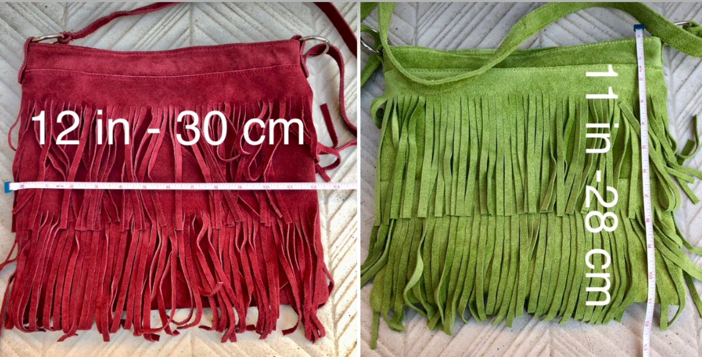 Cross body BOHO suede leather bag in light turquoise with FRINGES. Larger model. genuine suede crossbody hippy bag. Blue fringed bag