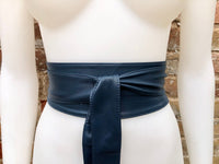 Dark blue - navy blue obi belt. Wrap belt in soft genuine leather. Wraparound waist belt. Wide style. Boho dress belt in dark blue leather