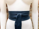 Dark blue - navy blue obi belt. Wrap belt in soft genuine leather. Wraparound waist belt. Wide style. Boho dress belt in dark blue leather