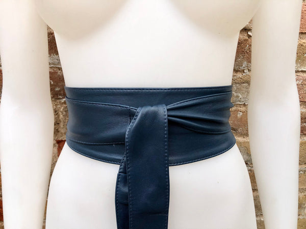 Dark blue - navy blue obi belt. Wrap belt in soft genuine leather. Wraparound waist belt. Wide style. Boho dress belt in dark blue leather