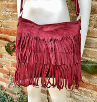 BURGUNDY cross body fringed bag. Boho suede leather bag with FRINGES. Larger style. Genuine suede crossbody hippy bag. Wine red suede purse