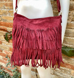 BURGUNDY cross body fringed bag. Boho suede leather bag with FRINGES. Larger style. Genuine suede crossbody hippy bag. Wine red suede purse