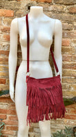 BURGUNDY cross body fringed bag. Boho suede leather bag with FRINGES. Larger style. Genuine suede crossbody hippy bag. Wine red suede purse