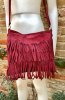 BURGUNDY cross body fringed bag. Boho suede leather bag with FRINGES. Larger style. Genuine suede crossbody hippy bag. Wine red suede purse