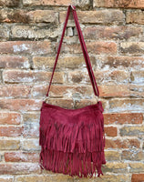 BURGUNDY cross body fringed bag. Boho suede leather bag with FRINGES. Larger style. Genuine suede crossbody hippy bag. Wine red suede purse