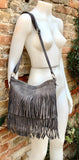 Dark GRAY cross body fringed bag. Gray boho suede leather bag with FRINGES. Larger style. Genuine suede crossbody hippy bag.GREY suede purse