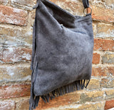 Dark GRAY cross body fringed bag. Gray boho suede leather bag with FRINGES. Larger style. Genuine suede crossbody hippy bag.GREY suede purse