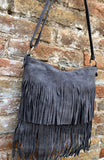 Dark GRAY cross body fringed bag. Gray boho suede leather bag with FRINGES. Larger style. Genuine suede crossbody hippy bag.GREY suede purse