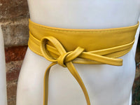 Obi belt in soft leather. Narrow style. Wrap belt in mustard YELLOW. Genuine leather tobacco wraparound waist belt. Boho yellow wide belt.