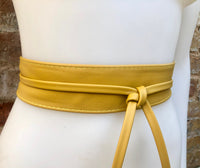 Obi belt in soft leather. Narrow style. Wrap belt in mustard YELLOW. Genuine leather tobacco wraparound waist belt. Boho yellow wide belt.