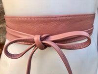 Pink obi belt in soft leather. Narrow style. Pink wrap belt. Wraparound waist belt in genuine leather. Pink boho wide dress belt