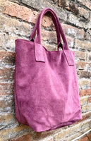 GENUINE suede leather raspberrry pink shopper bag. Slouchy carry all tote bag for your laptop, tablet, books.Pink suede purse / shoulder bag