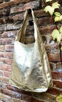 Slouch bag. Tote leather bag in GOLD with ZIPPER. Soft natural glitter genuine leather. Gold leather purse. Metallic leather shoulder bag