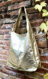 Slouch bag. Tote leather bag in GOLD with ZIPPER. Soft natural glitter genuine leather. Gold leather purse. Metallic leather shoulder bag