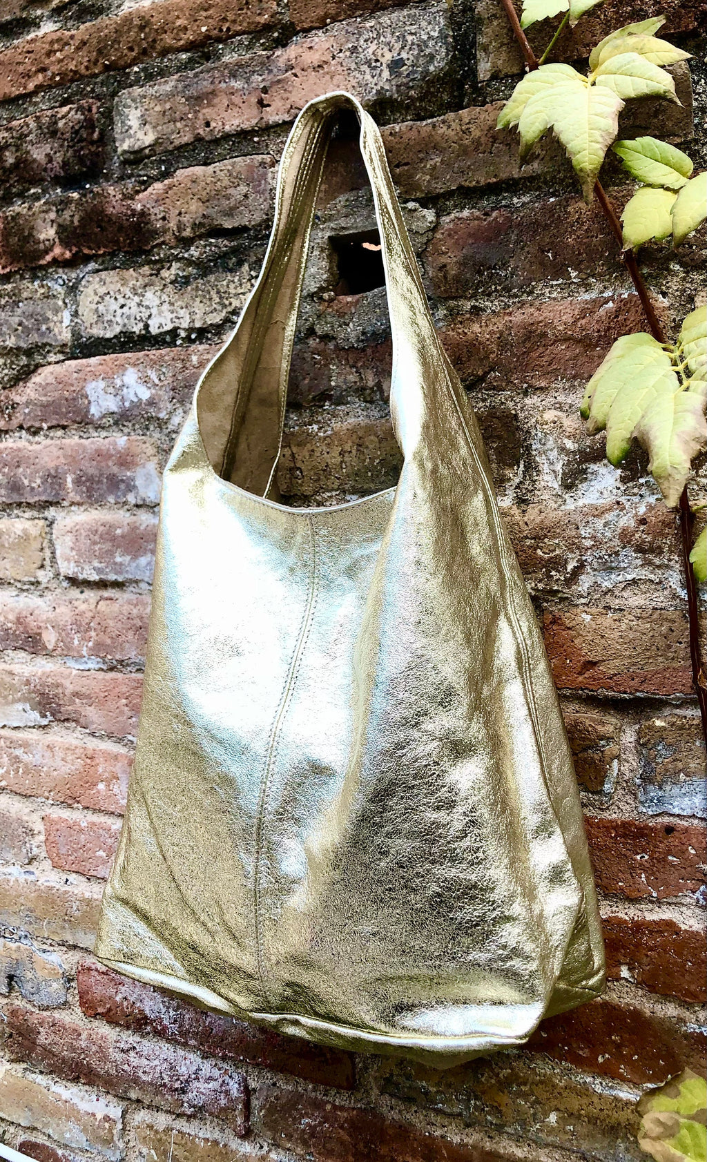 Slouch bag. Tote leather bag in GOLD with ZIPPER. Soft natural glitter genuine leather. Gold leather purse. Metallic leather shoulder bag