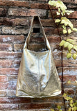 Slouch bag. Tote leather bag in GOLD with ZIPPER. Soft natural glitter genuine leather. Gold leather purse. Metallic leather shoulder bag