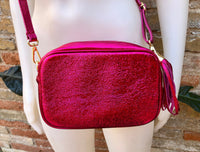 Small leather bag in fuchsia pink. Crossbody / shoulder bag in GENUINE leather. Metallic shine leather bag. Hot pink glitter leather purse