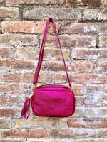 Small leather bag in fuchsia pink. Crossbody / shoulder bag in GENUINE leather. Metallic shine leather bag. Hot pink glitter leather purse