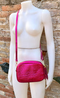 Small leather bag in fuchsia pink. Crossbody / shoulder bag in GENUINE leather. Metallic shine leather bag. Hot pink glitter leather purse