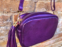 Small leather bag in PURPLE. Crossbody / shoulder bag in GENUINE leather. Metallic shine leather bag. Dark PURPLE glitter leather purse