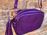 Small leather bag in PURPLE. Crossbody / shoulder bag in GENUINE leather. Metallic shine leather bag. Dark PURPLE glitter leather purse
