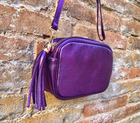 Small leather bag in PURPLE. Crossbody / shoulder bag in GENUINE leather. Metallic shine leather bag. Dark PURPLE glitter leather purse