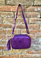 Small leather bag in PURPLE. Crossbody / shoulder bag in GENUINE leather. Metallic shine leather bag. Dark PURPLE glitter leather purse