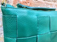 Small leather bag in GREEN. GENUINE leather crossbody bag. Teal green purse with zipper and remomable wistlet. Small green leather bag