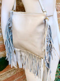 Cross body bag. BOHO genuine leather bag in light GRAY with fringes. Messenger bag in soft leather. Crossbody hippy bag. Gray fringed purse