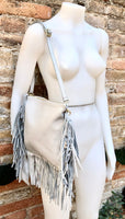 Cross body bag. BOHO genuine leather bag in light GRAY with fringes. Messenger bag in soft leather. Crossbody hippy bag. Gray fringed purse