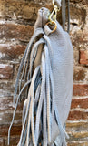 Cross body bag. BOHO genuine leather bag in light GRAY with fringes. Messenger bag in soft leather. Crossbody hippy bag. Gray fringed purse