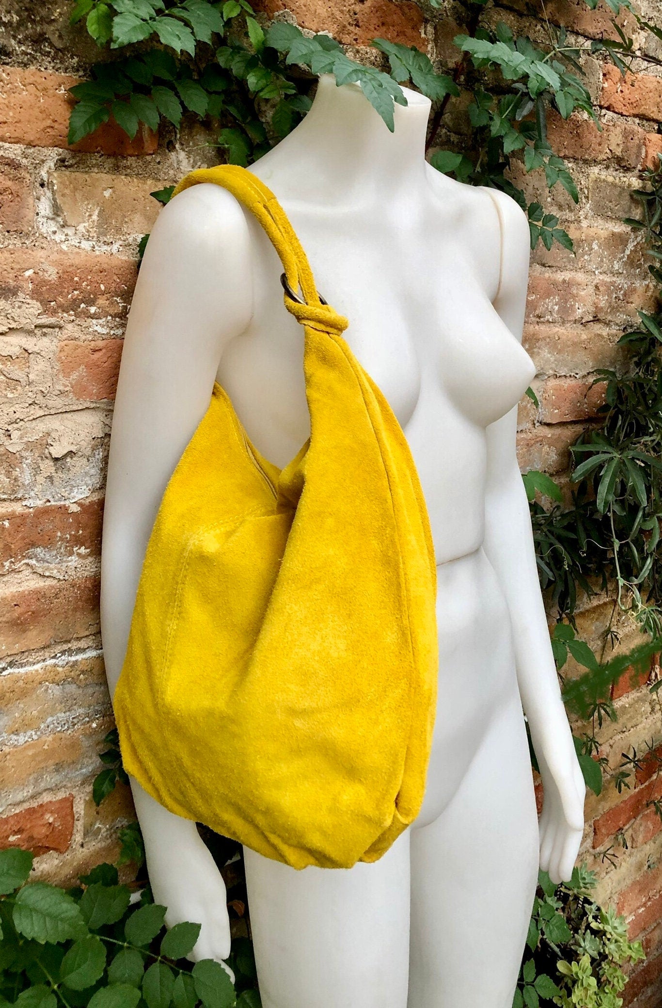 Yellow suede slouchy bag with ZIPPER + lining. Soft natural suede shopper, genuine leather bag. yellow suede purse .Hobo suede bag