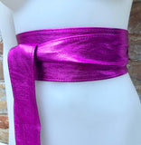 HOT PINK obi belt. Soft genuine leather wrap belt. Wide wraparound waist belt. FUCHSIA boho dress belt in metallic effect leather.Party belt