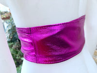 HOT PINK obi belt. Soft genuine leather wrap belt. Wide wraparound waist belt. FUCHSIA boho dress belt in metallic effect leather.Party belt