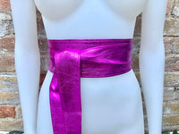 HOT PINK obi belt. Soft genuine leather wrap belt. Wide wraparound waist belt. FUCHSIA boho dress belt in metallic effect leather.Party belt