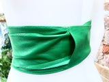 Bright GREEN obi belt. Wrap belt in soft genuine leather. Wraparound waist belt. Wide style. Boho dress belt in green.