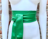 Bright GREEN obi belt. Wrap belt in soft genuine leather. Wraparound waist belt. Wide style. Boho dress belt in green.